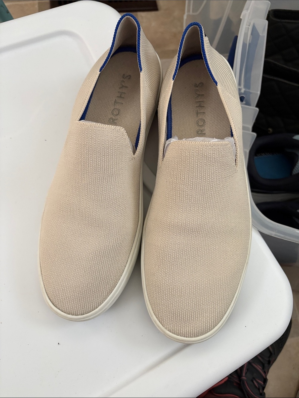 Rothy's Beige Knit Slip-On Espadrilles with Blue Trim